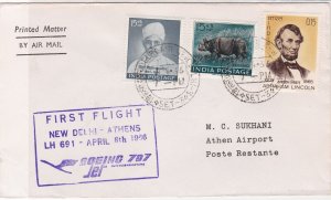 India 1966 1st Flight New Dehli-Athens LH 691 Jet Airmail Stamps Cover Ref 29412