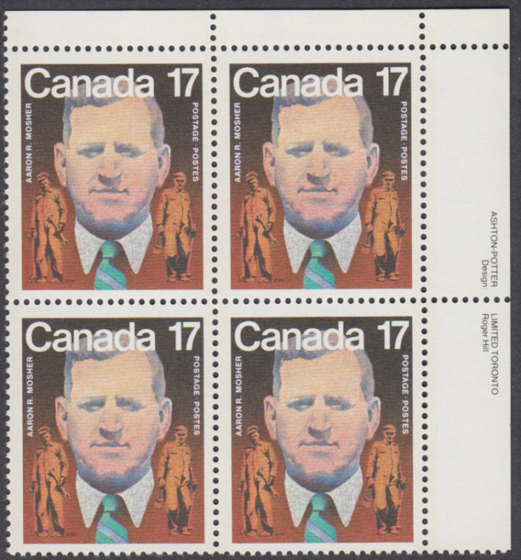 Canada - #899 Aaron Mosher Plate Block - MNH