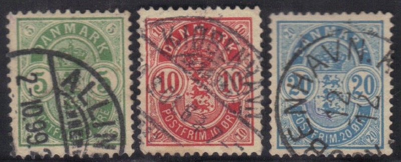 DENMARK SCOTT# 43,45,48 USED 5,10,20o 1895-1901    SEE SCAN