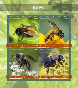 Liberia Bees Stamps 2020 MNH Giant Honey Bee Tawny Mining Bee Insects 4v M/S