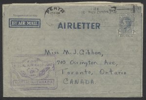 1946 Sydney Australia to Vancouver Canada Flight Scarce 7d Air Letter