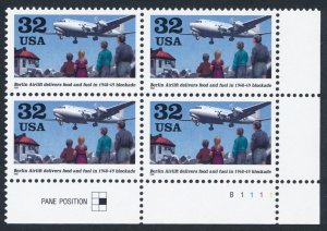 1998 U.S. Berlin Airlift Plate Block Of 4 32c Postage Stamps, Sc# 3211, MNH, OG