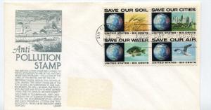 1410-3 Anti-Pollution, C Stephen Anderson, (gray), block of 4, FDC