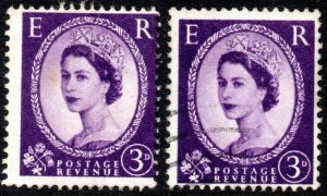1958 SG 575 3d deep lilac Off Centre Printing with Normal Stamp for Comparison