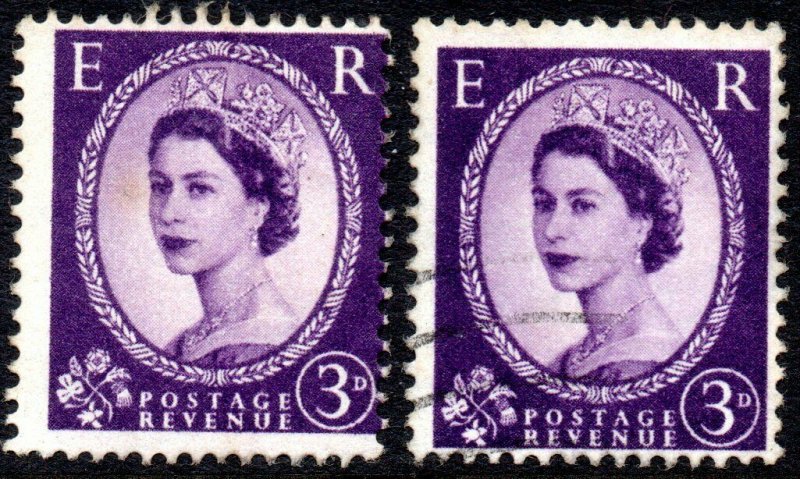 1958 SG 575 3d deep lilac Off Centre Printing with Normal Stamp for Comparison