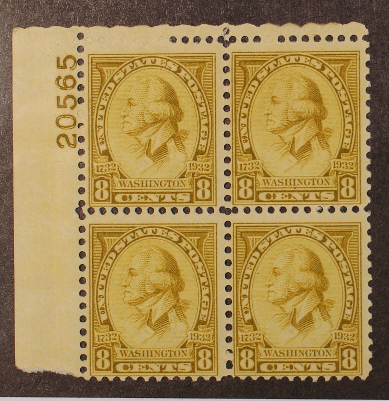 Scott 713 8 Cents Washington Plate Block OG MH UL 20565 SCV $47.50