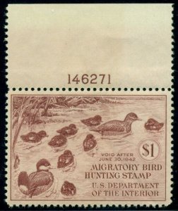 US #RW8 $1.00 Ruddy ducks, scarce Plate No. Single LH VF/XF