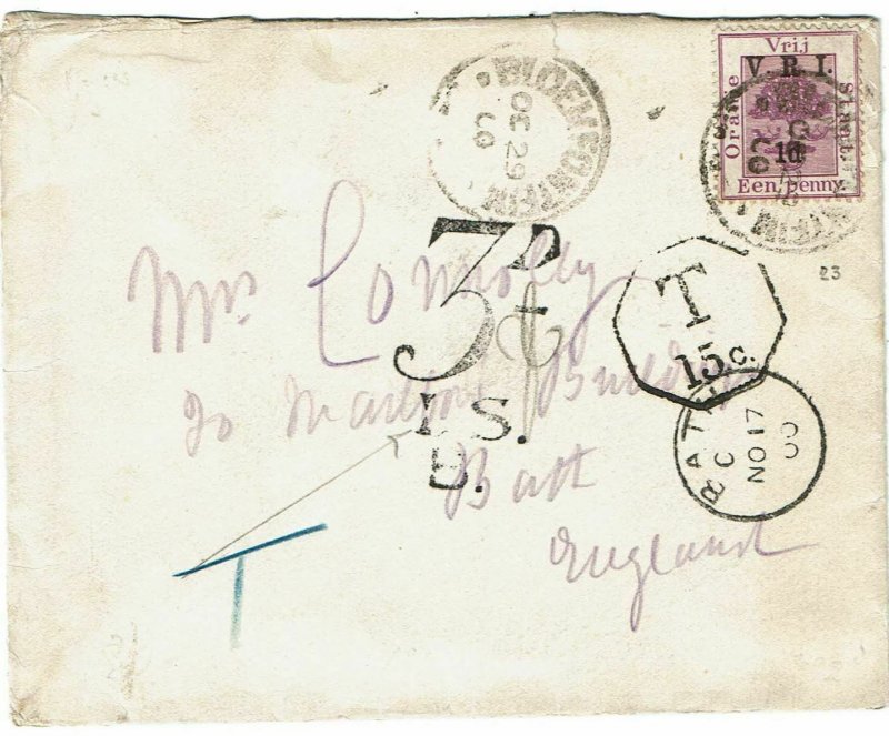 Orange Free State 1900 Bloemfontein OCT 29 cancel on cover to England, due mark