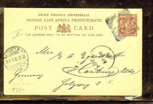 BRITISH EAST AFRICA (P0210B) QV 1A  PSC 1898 SENT VIA ADEN TO GERMANY