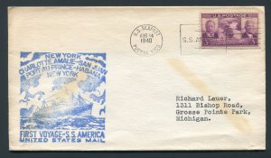 1940 First Voyage SS America -U.S. Seapost, Puerto Rico to Grosse Pointe Park,MI