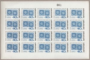Uruguay 1965 First River Plate Stamp Exhibition 40c IMPERF proof sheet of 20