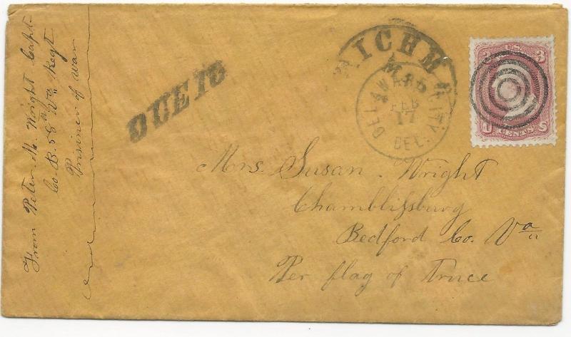 CSA POW Cover US Scott #65 North-to-South Target Cancel Delaware City CDS Due 10