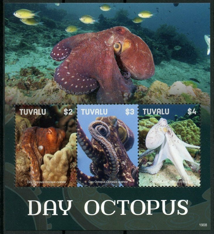 Tuvalu 2019 MNH Day Octopus 3v M/S I Corals Molluscs Marine Animals Stamps