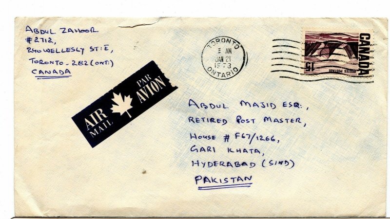 clean 1973 single use Centennial 15c airmail to PAKISTAN *** cover Canada