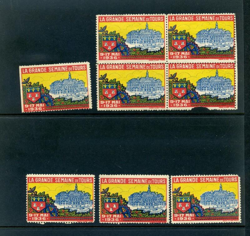 7 VINTAGE 1936 THE GREAT WEEK OF TOURS POSTER STAMPS (L753) FRANCE