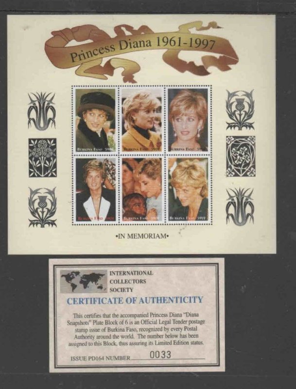 BURKINA FASO #1093 1998 PRINCESS DIANA MINT VF NH O.G SHEET 6 W/CERT. 