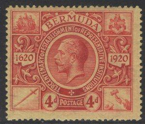 BERMUDA SG71 1921 4d RED/PALE YELLOW MTD MINT