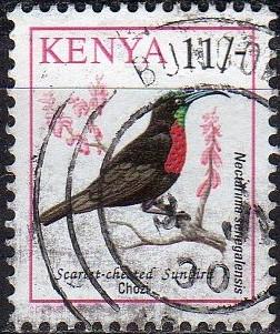 Kenya 605 - Used -11/- Scarlet-chested Sunbird (1993) (cv $0.80) (2)