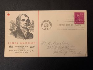 US COVER JAMES MADISON PRESIDENTIAL SERIES FDC SCOTT 808
