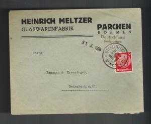 1938 Parchen Germany Sudetenland Provisional Commercial Cover Meltzer Glass Comp