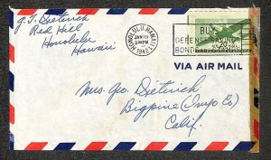 USA SCOTT C29 AIRMAIL STAMP HAWAII TO CALIFORNIA CENSORED COVER 1942