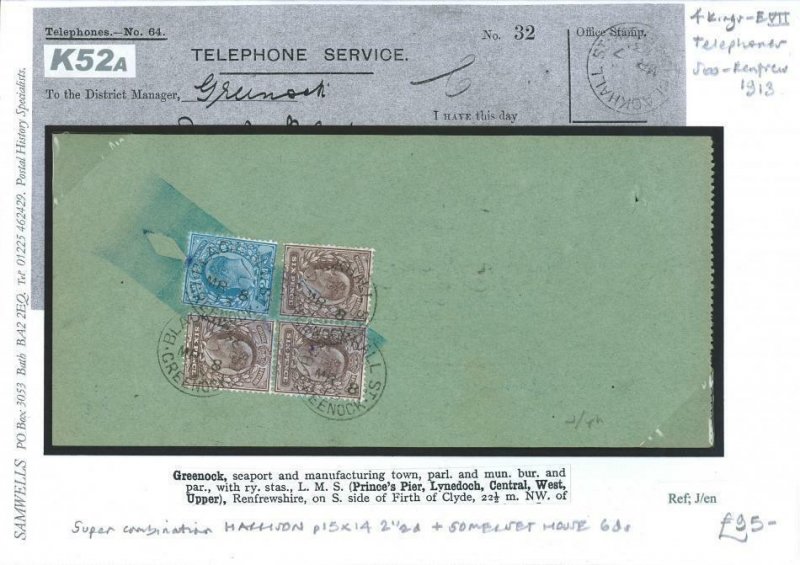 K52a 1913	KEVII Kilmalcolm 1s/8d Combination/GPO Telephone Receipt