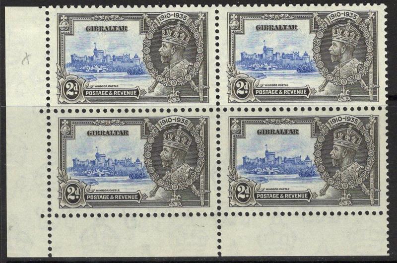 GIBRALTAR SG114/a 1935 2d S.JUBILEE EXTRA FLAGSTAFF MNH BLK OF 4 1xSG114 LMM