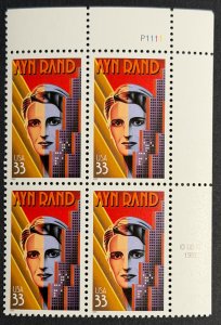USA, 1999, SC# 3308, Plate Block, Ayn Rand, MNH, VF