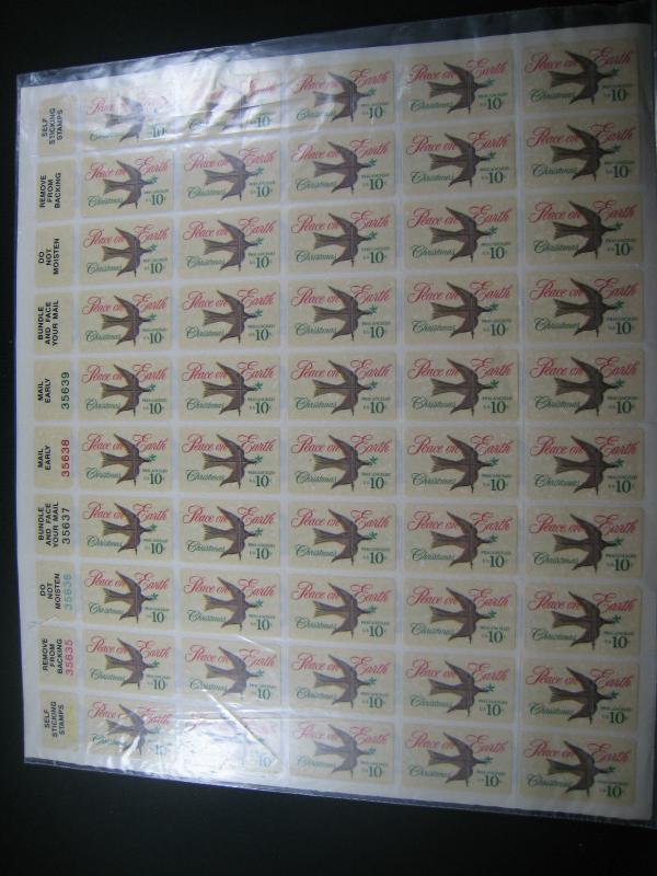 UNITED STATES FULL PANE OF CHRISTMAS SELF STICK DOVE OF PEACE STAMPS    (ST5)
