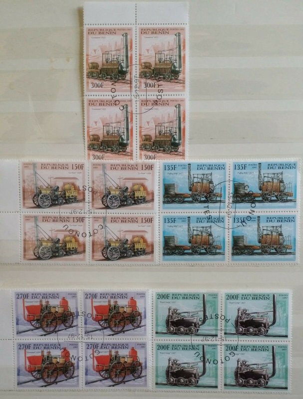 1997 Republique de Benin Railway Locomotives Trains Stamps Blocks of 4