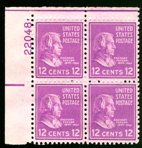 US #817 PLATE BLOCK, VF/XF mint never hinged, 12c Taylor, Post office fresh! ...