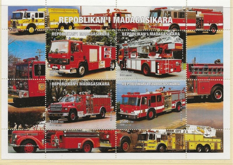 thematic stamps Fire Engines  Madagascar 1999 sheet of 4 used