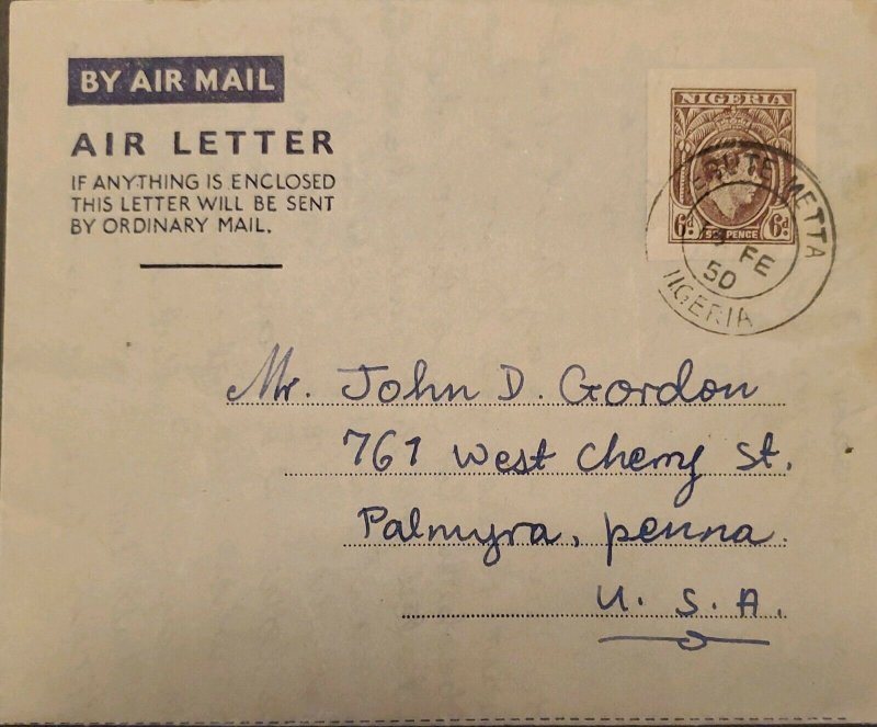O) 1950 NIGERIA, KING  GEORGE VI - SCT 60 6p, AIR LETTER, ORDINARY MAIL  TO USA