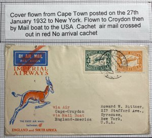 1932 Cape Town South Africa First Regular Flight Cover  To New York USA Via UK