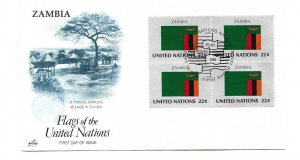 United Nations #484 Flag Series 1986, Zambia, ArtCraft, block of 4 FDC