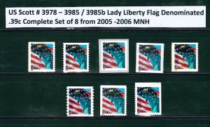 US Scott # 3978 - 3985b / Flag & Lady Liberty Set of 8 2005 MNH