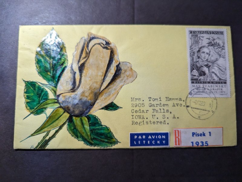 1960 Registered Czechoslovakia Airmail Hand Painted Cover Pisek to IA USA 2