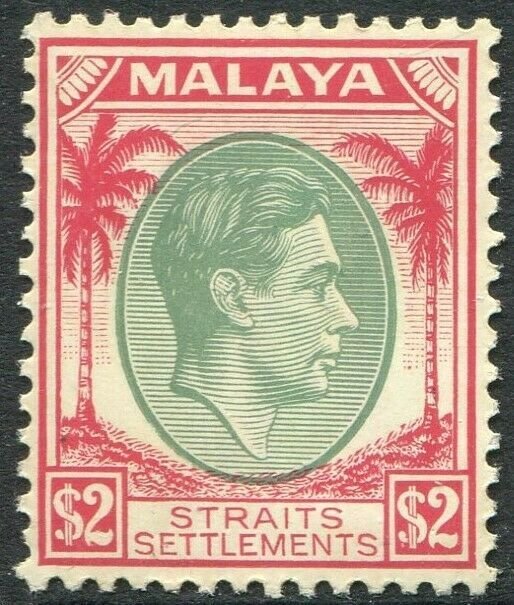 STRAITS SETTLEMENTS-1938 $2 Green & Scarlet Sg 291 toned gum LMM V50213