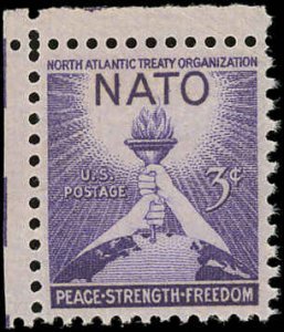 US Sc 1008 VF/MNH - 1952 3¢ NATO - Torch of Freedom & Peace-Corner Margin