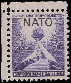 US Sc 1008 VF/MNH - 1952 3¢ NATO - Torch of Freedom & Peace-Corner Margin