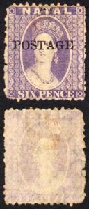 Natal SG83 6d Violet Wmk CC Opt POSTAGE (Davis) Mint no gum Cat 85 pounds