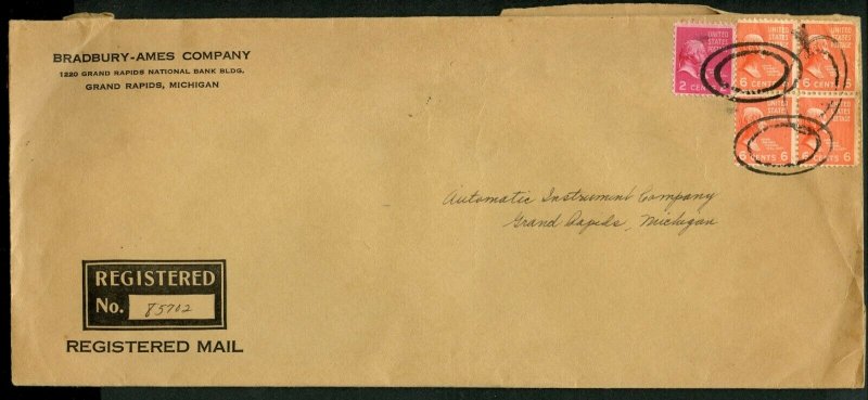 U.S. Scott 811 (4) and 806 Prexies on 1941 Registered Cover for Bradbury-Ames Co