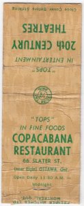 Canada Revenue 1/5¢ Excise Tax Matchbook COPACABANA RESTAURANT Ottawa