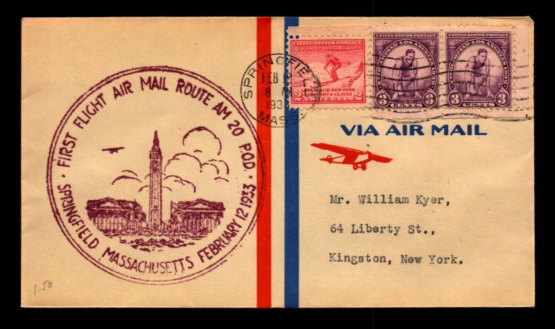 US 1933 AM 20 (E19) First Flight Cover / Springfield MASS - L7473