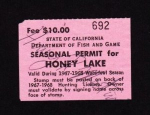 State Revenue California 1967-68 $10 Honey Lake Duck Hunting Stamp RARE VF Used