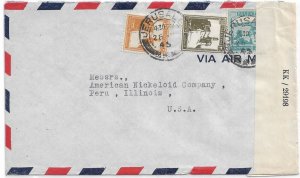 Jerusalem, Palestine to Peru, IL 1945 Airmail Censor Tape Ty 8, Sc 4 (C5633)