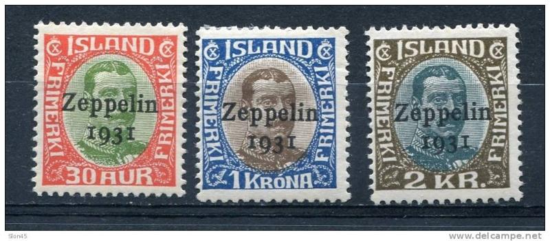 Iceland  1931 Mi 147-149 MH Overprint  Zeppelin 1931  CV 180 Euro