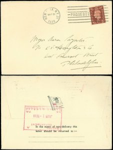 MAY 31 1938 New York NY w/ British Postage, PAQUEBOT to Philadelphia, NEAT Cover