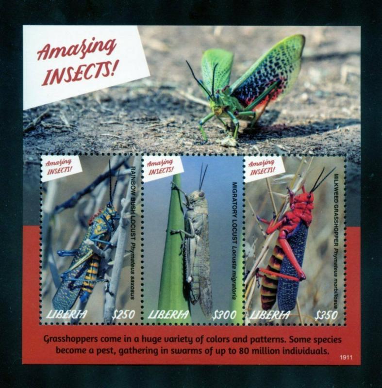 LIBERIA 2019 AMAZING INSECTS  GRASSHOPPERS  SHEET MINT NEVER HINGED