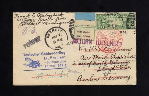 1932 CATAPULT SS Bremen Detroit, MI to Germany - RETURNED Label